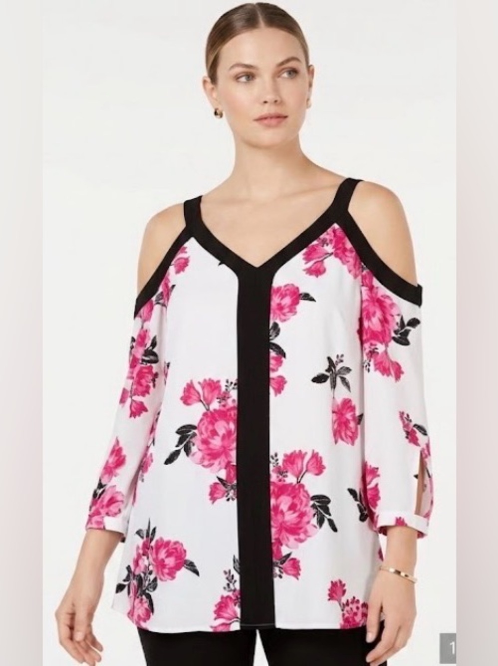 Alfani White Blouse with Pink Floral Print and Black Trim (XL)